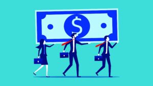 illustration of business people walking while carrying a larger-than-life dollar bill on their shoulders